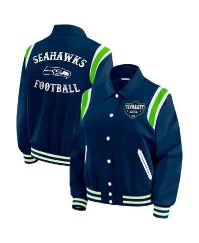 Wear By Erin Andrews Women's College Navy Seattle Seahawks Varsity Lightweight Full-snap Jacket In Blue