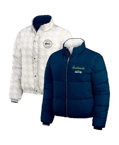 Wear By Erin Andrews Women's College Navy/white Seattle Seahawks Reversible Cropped Full-zip Puffer Jacket In Blue