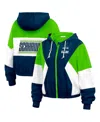 Wear By Erin Andrews Women's College Seattle Seahawks Plus Size Color Block Full-zip Windbreaker Jacket In Royal,light Green