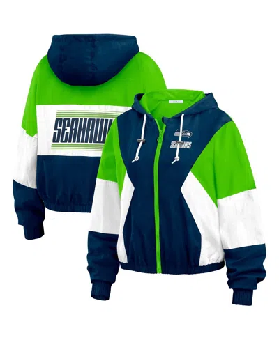 Wear By Erin Andrews Women's College Seattle Seahawks Plus Size Color Block Full-zip Windbreaker Jacket In Royal,light Green