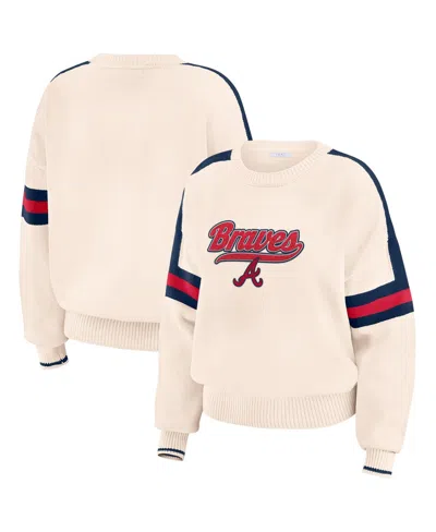 Wear By Erin Andrews Women's Cream Atlanta Braves Stripe Pullover Sweater In Cream,navy