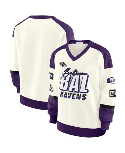 Wear By Erin Andrews Women's Cream Baltimore Ravens Racing Crew V-neck Sweatshirt In White