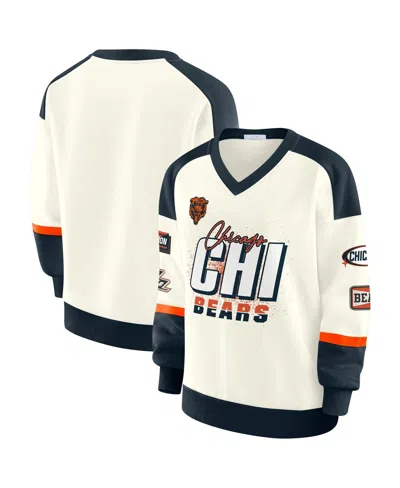 Wear By Erin Andrews Women's Cream Chicago Bears Racing Crew V-neck Sweatshirt In White