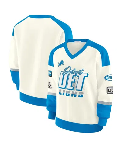 Wear By Erin Andrews Women's Cream Detroit Lions Racing Crew V-neck Sweatshirt In White