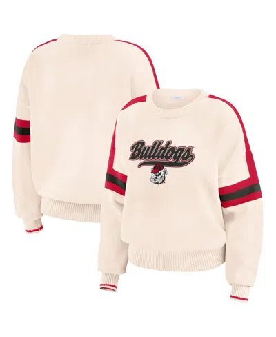 Wear By Erin Andrews Women's Cream Georgia Bulldogs Chenille Woven Patch Stripe Pullover Sweater In Cream,red