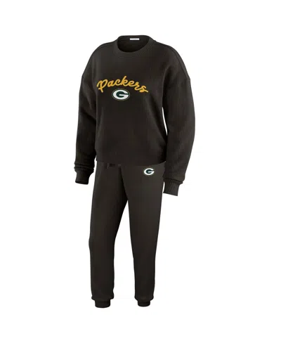 Wear By Erin Andrews Women's Cream Green Bay Packers Knitted Tri-blend Long Sleeve T-shirt Pants Lounge Set In Black