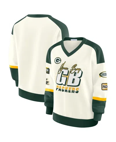 Wear By Erin Andrews Women's Cream Green Bay Packers Racing Crew V-neck Sweatshirt In White