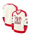 Wear By Erin Andrews Women's Cream Kansas City Chiefs Racing Crew V-neck Sweatshirt In Multi