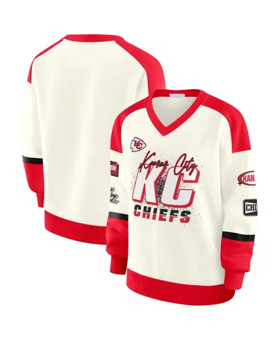 Wear By Erin Andrews Women's Cream Kansas City Chiefs Racing Crew V-neck Sweatshirt In Multi
