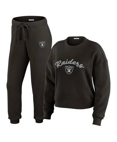Wear By Erin Andrews Women's Cream Las Vegas Raiders Knitted Tri-blend Long Sleeve T-shirt Pants Lounge Set In Black