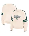 Wear By Erin Andrews Women's Cream Michigan State Spartans Chenille Woven Patch Stripe Pullover Sweater In Cream,green