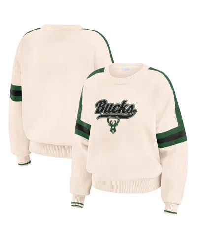 Wear By Erin Andrews Women's Cream Milwaukee Bucks Stripe Pullover Sweater
