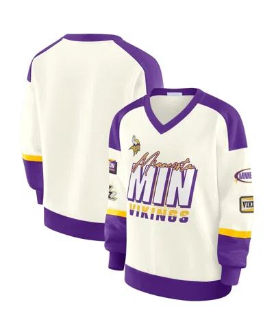 Wear By Erin Andrews Women's Cream Minnesota Vikings Racing Crew V-neck Sweatshirt In Multi