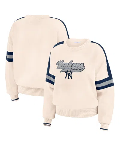 Wear By Erin Andrews Women's Cream New York Yankees Stripe Pullover Sweater In Cream,navy