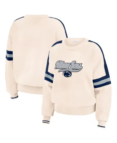 Wear By Erin Andrews Women's Cream Penn State Nittany Lions Chenille Woven Patch Stripe Pullover Sweater In Multi