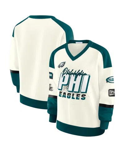 Wear By Erin Andrews Women's Cream Philadelphia Eagles Racing Crew V-neck Sweatshirt In White
