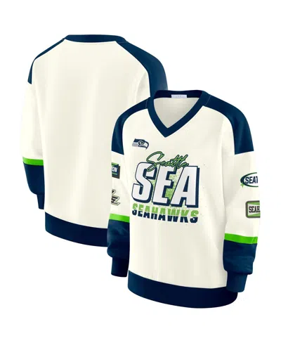 Wear By Erin Andrews Women's Cream Seattle Seahawks Racing Crew V-neck Sweatshirt In White