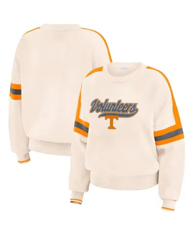 Wear By Erin Andrews Women's Cream Tennessee Volunteers Chenille Woven Patch Stripe Pullover Sweatshirt In Cream,tennessee Orange