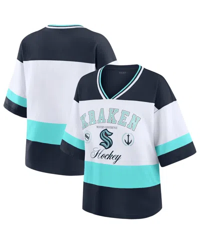 Wear By Erin Andrews Women's Deep Sea Black/white Seattle Kraken Football T-shirt In Multi