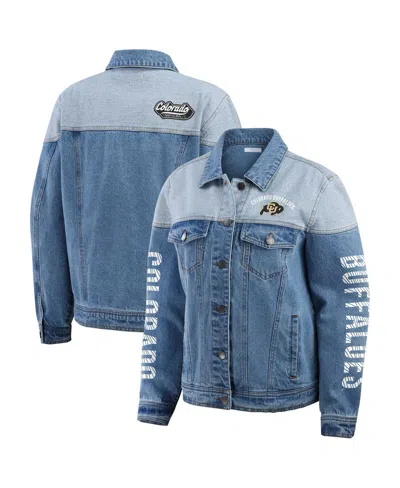 Wear By Erin Andrews Women's Denim Colorado Buffaloes Sleeve Hit Color Block Button-down Denim Jacket In Blue
