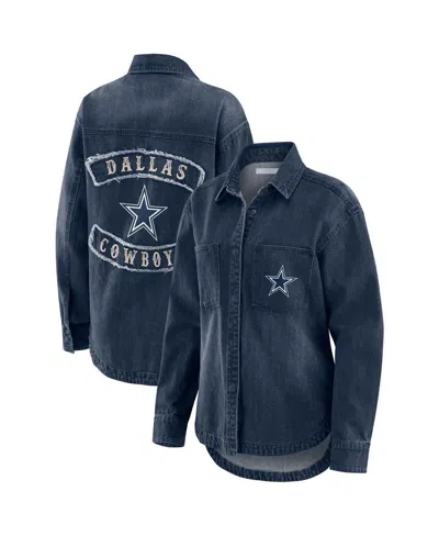 Wear By Erin Andrews Women's Denim Dallas Cowboys Washed Oversized Denim Full-snap Shacket In Blue