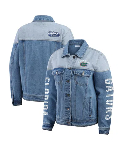 Wear By Erin Andrews Women's Denim Florida Gators Sleeve Hit Color Block Button-down Denim Jacket In Blue