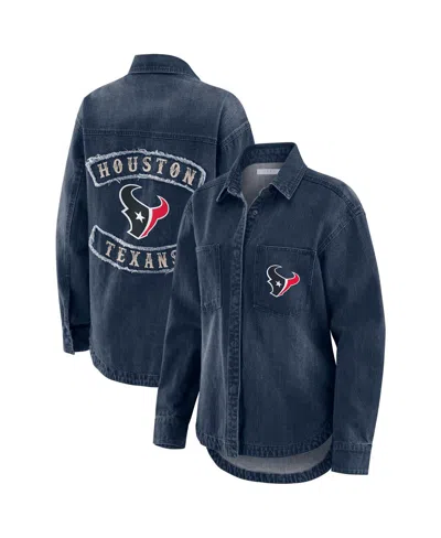 Wear By Erin Andrews Women's Denim Houston Texans Washed Oversized Denim Full-snap Shacket In Blue
