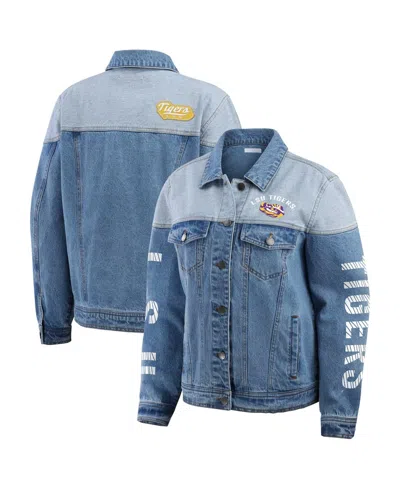 Wear By Erin Andrews Women's Denim Lsu Tigers Sleeve Hit Color Block Button-down Denim Jacket In Blue