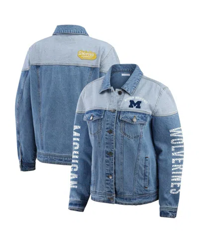 Wear By Erin Andrews Women's Denim Michigan Wolverines Sleeve Hit Color Block Button-down Denim Jacket In Blue