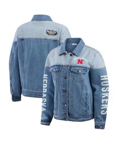Wear By Erin Andrews Women's Denim Nebraska Huskers Sleeve Hit Color Block Button-down Denim Jacket In Blue