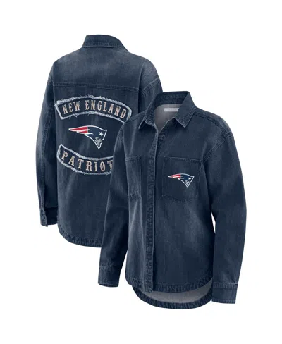 Wear By Erin Andrews Women's Denim New England Patriots Washed Oversized Denim Full-snap Shacket In Blue