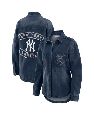 Wear By Erin Andrews Women's Denim New York Yankees Washed Oversized Denim Full-snap Shacket In Blue