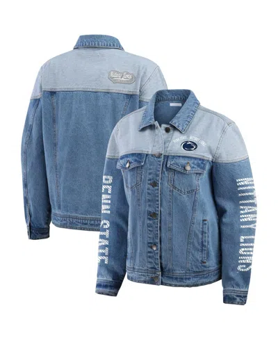 Wear By Erin Andrews Women's Denim Penn State Nittany Lions Sleeve Hit Color Block Button-down Denim Jacket In Brown