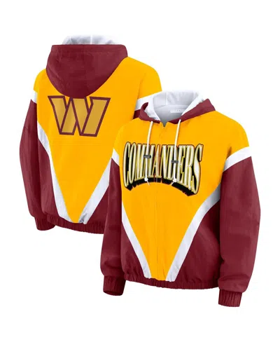 Wear By Erin Andrews Women's Gold/burgundy Washington Commanders Retro Crinkle Full-zip Hoodie Windbreaker Jacket