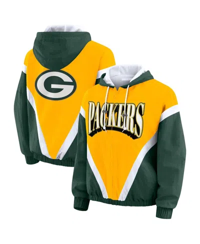Wear By Erin Andrews Women's Gold/green Green Bay Packers Retro Crinkle Full-zip Hoodie Windbreaker Jacket In Multi