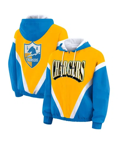Wear By Erin Andrews Women's Gold/powder Blue Los Angeles Chargers Retro Crinkle Full-zip Hoodie Windbreaker Jacket