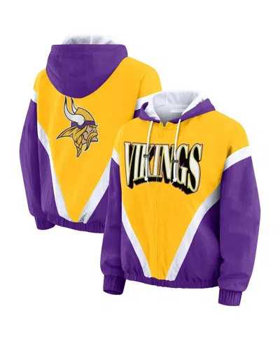 Wear By Erin Andrews Women's Gold/purple Minnesota Vikings Retro Crinkle Full-zip Hoodie Windbreaker Jacket