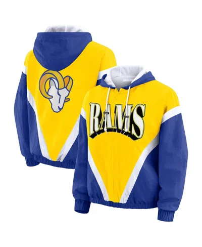 Wear By Erin Andrews Women's Gold/royal Los Angeles Rams Retro Crinkle Full-zip Hoodie Windbreaker Jacket In Black
