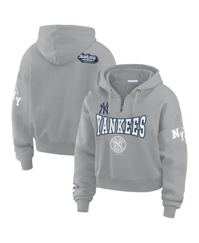 Wear By Erin Andrews Women's Gray New York Yankees Patch Quarter-zip Hoodie