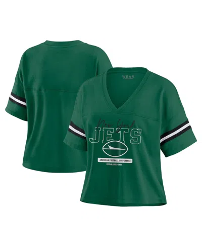 Wear By Erin Andrews Women's Green New York Jets Color Block Boxy Modest Crop V-neck T-shirt