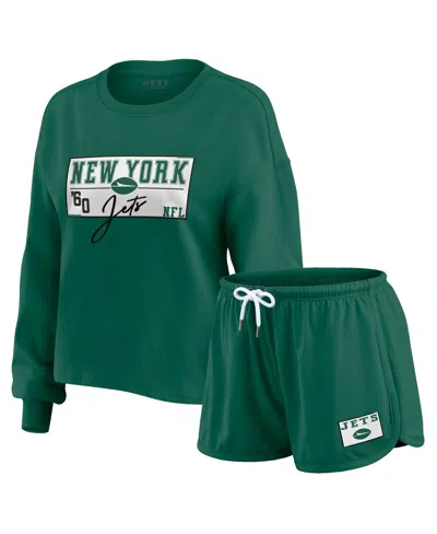 Wear By Erin Andrews Women's Green New York Jets Heavy Rugby Jersey Long Sleeve T-shirt Shorts Lounge Set
