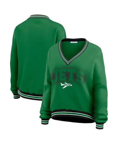 Wear By Erin Andrews Women's Green New York Jets Oversized Long Sleeve V-neck Sweatshirt