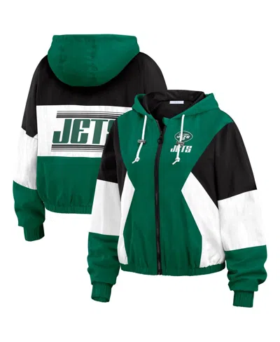 WEAR BY ERIN ANDREWS WOMEN'S GREEN/BLACK NEW YORK JETS PLUS SIZE COLOR BLOCK FULL-ZIP WINDBREAKER JACKET