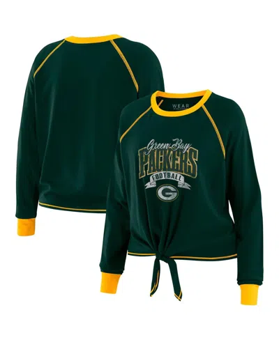 WEAR BY ERIN ANDREWS WOMEN'S GREEN/GOLD GREEN BAY PACKERS PLUS SIZE TIE-FRONT LONG SLEEVE TOP