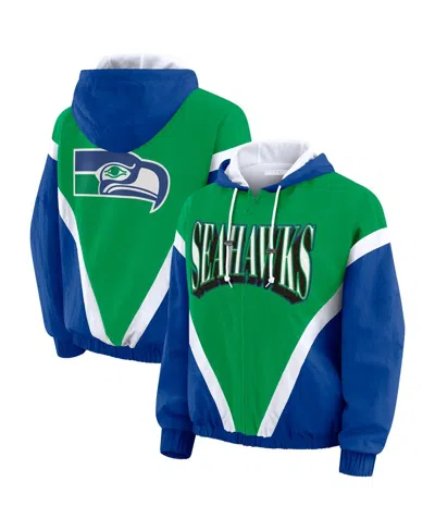 Wear By Erin Andrews Women's Green/royal Seattle Seahawks Retro Crinkle Full-zip Hoodie Windbreaker Jacket In Multi