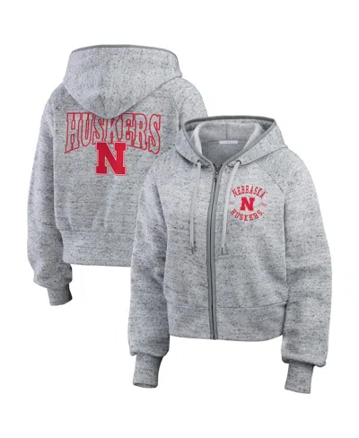 Wear By Erin Andrews Women's Heather Gray Nebraska Huskers Wear Speckle Double-hit Raglan Full-zip Hoodie