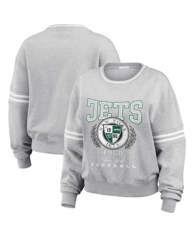 Wear By Erin Andrews Women's Heather Gray New York Jets Crest Cropped Pullover Sweatshirt