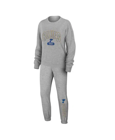 Wear By Erin Andrews Women's Heather Gray St. Louis Blues Knit Long Sleeve Tri-blend T-shirt, Pants And Sleep Set