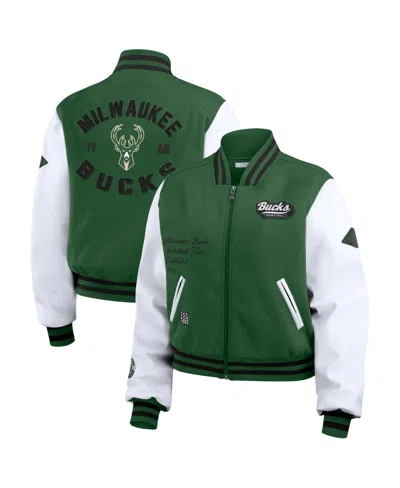 Wear By Erin Andrews Women's Hunter Green/white Milwaukee Bucks Cropped Varsity Full-zip Jacket In Hunter Green,white