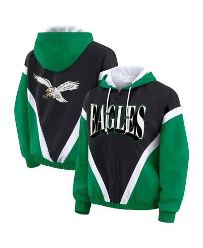 Wear By Erin Andrews Women's Kelly Green/black Philadelphia Eagles Plus Size Retro Crinkle Full-zip Windbreaker Jacket In Multi